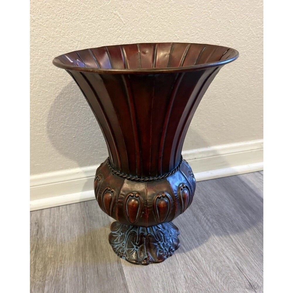 Flared Traditional Style Metal Urn Vase Metal Body Bronze Base 13” H* 9.5 W